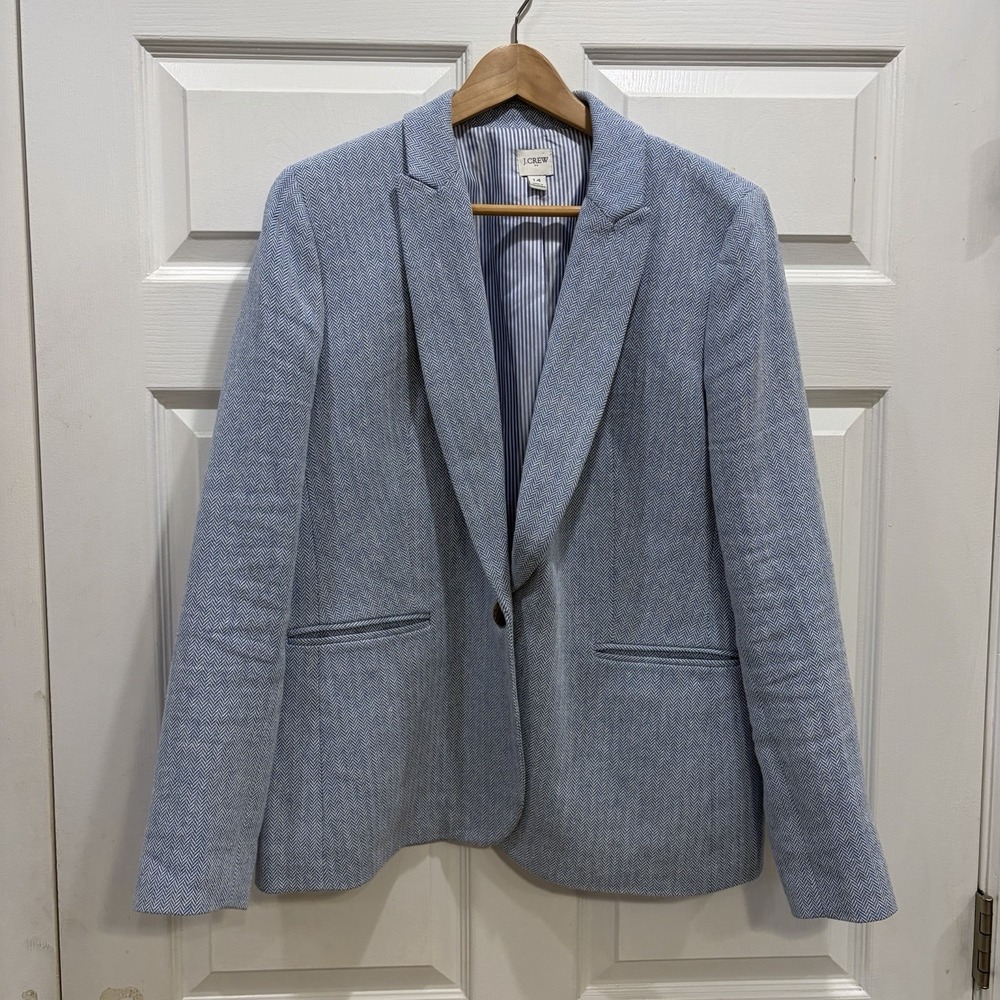 J. Crew Blazer Jacket Women's 14 Blue Herringbone One Button Linen Cotton Blend - Picture 6 of 13